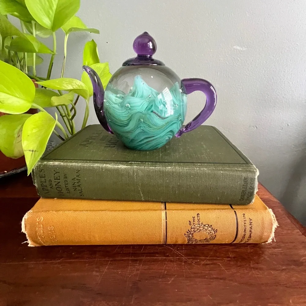 Art Glass Teapot Paperweight Teal Swirl Purple Spout Controlled Bubble Decor